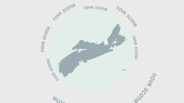Nova Scotia shape with dynamic circles visual effect. Animation of Nova Scotia logo appearing from rotating rings and Province name around the shape. Intro, opening, closing, logo video.