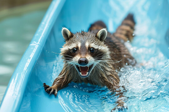 Excited raccoon sliding down a water slide with wide open mouth, splashing water in a fun summer moment.