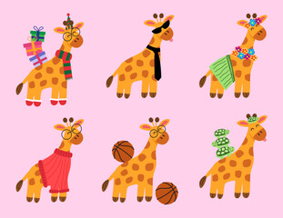 Illustration of cute giraffes on a light pink background.
