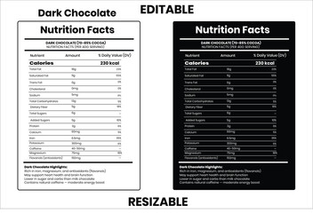 Dark Chocolate nutrition facts, nutrition, nutrition label, calories in food, nutrition info, supplement facts, vector template