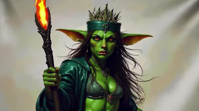 A female goblin warlock, with long hair and green skin, holding a staff with a glowing tip, in the style of a fantasy art painting