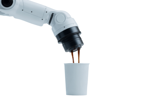 Robotic arm serves coffee modern  innovative automation daily life close-up view showcasing technology