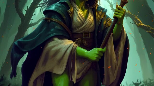 A female goblin warlock, with long hair and green skin, holding a staff with a glowing tip, in the style of a fantasy art painting