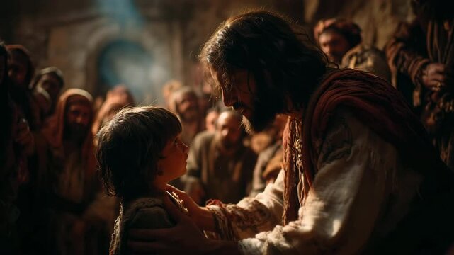 Photorealistic scene depicting a tender moment between Jesus and a child, surrounded by onlookers, evoking warmth and compassion. Inspired by biblical teachings on humility and greatness.