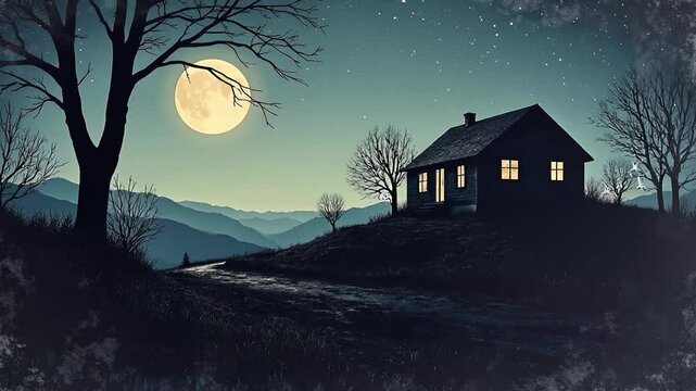 A lithograph of the night sky with stars, a house in shadow on top of a hill, moonlight shining through the tree branches, a grainy texture, a vintage look