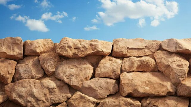 Natural stone wall rough texture under blue sky with clouds rustic rock outdoor structure bright daylight peaceful atmosphere warm color tones sturdy surface