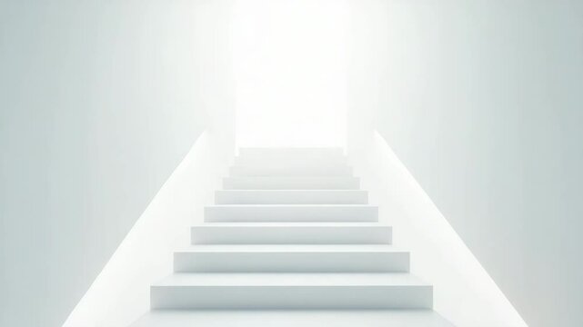 Bright white staircase glowing with light, minimalistic modern architecture featuring clean interior design, creating bright, serene, and futuristic atmosphere full of hope and clarity