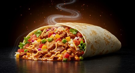 Steaming Hot Burrito Overflowing with Savory Beef and Colorful Veggies
