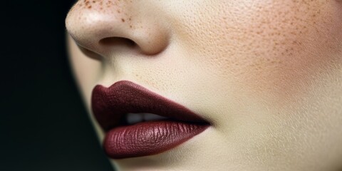 Naklejka premium Stunning Close-up of a Model with Burgundy Lips, Dark Moody Glam, Freckles, and Intense Eye Detail