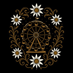 Riesenrad mit Edelweiß und Ornamenten - Nostalgisches Volksfestmotiv im Alpenstil. Im traditionellen Look für Herbstfeste, Trachten-Events und ländliche Dekoration. 