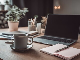 A modern minimalist workspace with a laptop, notepad and coffee cup on a wooden desk. The warm and comfortable lighting is suitable for remote work or study.