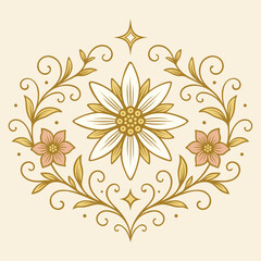 Edelweiß mit floralen Ranken und Ornamenten. Zarte Alpenblumen. Vektor Illustration. Nostalgisches Design im Alpenstil. Volksfest Nostalgie im Landhausstil. Vintage Heimatmotive für Tracht.