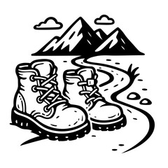 Wanderschuhe auf Bergpfad - ein Symbol für Abenteuer, Natur und Freiheit. Ideal für Outdoor-Fans, Wanderer und alle, die die Berge lieben. Klarer Look in Schwarzweiß.