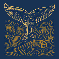 Walflosse im Ozean. Stilisiertes Walflossen-Motiv mit goldenen Linien auf tiefblauem Hintergrund. Symbolisiert Freiheit, Tiefe und Naturkraft - für maritime, spirituelle oder naturbezogene Designs.