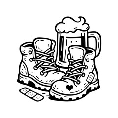 Wanderstiefel mit Bierkrug. Schwarz-weiß Illustration mit Wanderschuhen, Bierkrug und Pflaster. Symbol für Auszeit, Abenteuer, Feierabendbier nach der Tour - humorvoll, klar, ideal für Bergfreunde.