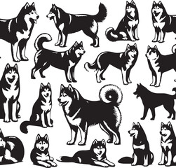 Siberian Husky Dog Vector Illustration in Black and White	