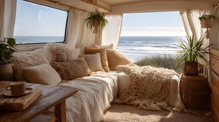Dreamy Camper Van Morning — Cozy Interior with Ocean View, Soft Textiles, Plants, and Coffee, Embracing Slow Living and Seaside Serenity
