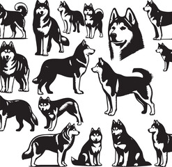 Siberian Husky Dog Vector Illustration in Black and White	