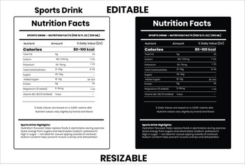 Obraz premium Sports Drink nutrition facts, nutrition facts, food label, calorie chart, protein infographic, healthy eating, vitamin chart, editable template, diet plan, meal prep nutrition, food packaging label