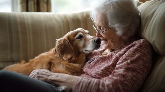 A loving golden retriever and woman sharing a moment