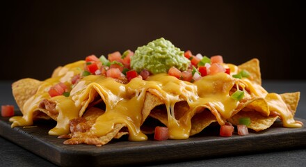 Melted Cheese Drizzles Over Crispy Nachos Topped with Guacamole and Pico de Gallo