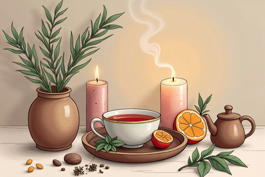 Stylized illustration of feminine tea altar with yoni steam herbs, healing tea and candles, muted natural palette, sacred wellness setting, spiritual vibe, no text elements