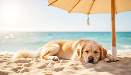Golden retriever resting under beach umbrella on hot sunny day