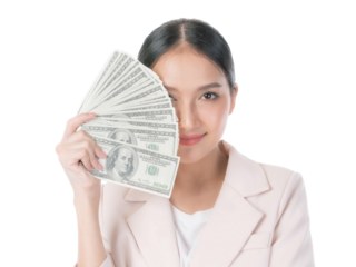 Confident Asian businesswoman smiling and holding fan of US dollar bills covering one eye, symbolizing financial success, wealth, savings, and investment, isolated on a transparent background