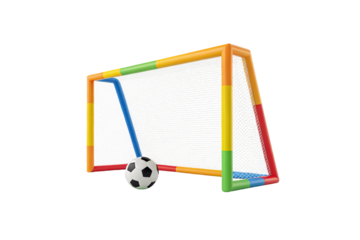 Bright multicolored soccer goal with rainbow frame sections, white mesh net, and soccer ball, isolated on a transparent background
