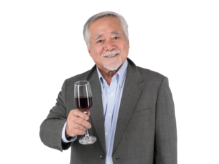 Happy senior Asian man in suit holding glass of red wine, smiling confidently, enjoying celebration or luxury lifestyle, isolated on a transparent background, concept of retirement, success happiness