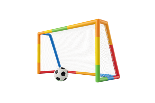 Bright multicolored soccer goal with rainbow frame sections, white mesh net, and soccer ball, isolated on a transparent background