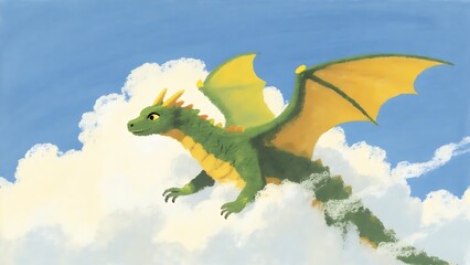 Obraz premium Green dragon flying in clouds, children's book style, adventure concept