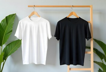 White t-shirt hanging on hanger in clothing store displaying casual cotton apparel design template