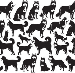 Siberian Husky Dog Vector Illustration in Black and White	