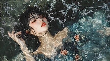 Elegant Girl in Blue Dress Swimming Underwater