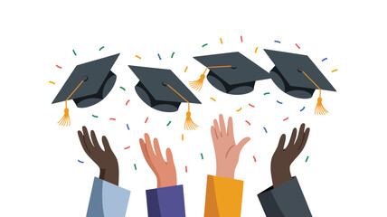 Graduates Throwing Hats in the Air: Students Celebrating School, College, or University Graduation – Flat Cartoon Vector Illustration