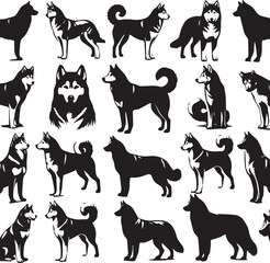 Siberian Husky Dog Vector Illustration in Black and White	
