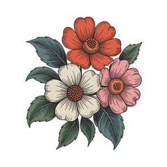 Illustration of three flowers in orange white and pink with green leaves on a transparent background