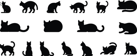 Obraz premium Cat silhouette vector set, collection of simple cat pose icon in black isolated style for design and decoration