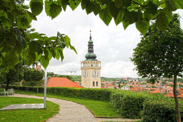 View of the castle tower from the garden. City of Mikulov in Czech Republic.