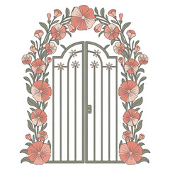 Illustration of a metal gate decorated with pink flowers and green leaves on a transparent background