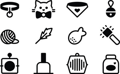 Fototapeta premium Cat accessory silhouette vector set, collection of cat collar, bow, yarn, feather, and carrier icon in black isolated style