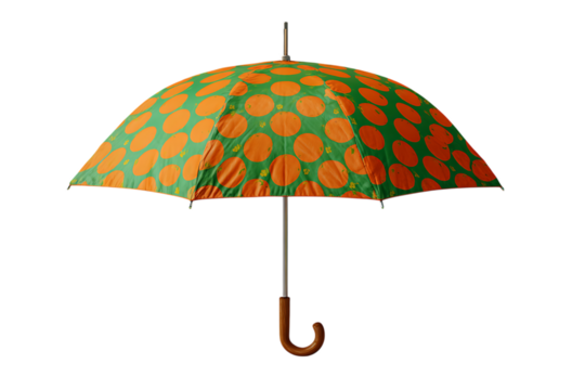 Bright green umbrella with orange polka dot pattern and wooden handle isolated on transparent background