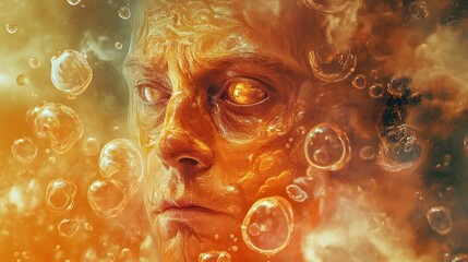 Surreal Graphic Art of Scary Man Face Bathing in Amniotic Fluid