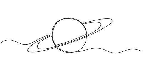 One continuous line drawing of planet. Saturn planet in one line drawing. One line drawing background. Vector illustration. Line art of planet, Continuous one line Saturn Planet. Solar system vector 