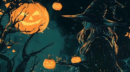Enchanting Halloween Witch Casting Spell in Full Moonlight Scene