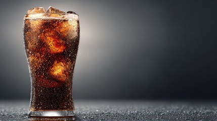 Refreshing Iced Cola Drink in Glass with Condensation on Dark Background Perfect for Summer Beverages Advertisement