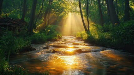 Sunlit forest creek with warm, natural lighting
