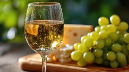 Refreshing Glass of White Wine with Cheese and Grapes Perfect Summer Appetizer