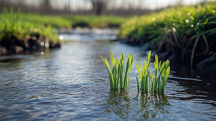 Tranquil freshwater stream with budding plants in early spring 